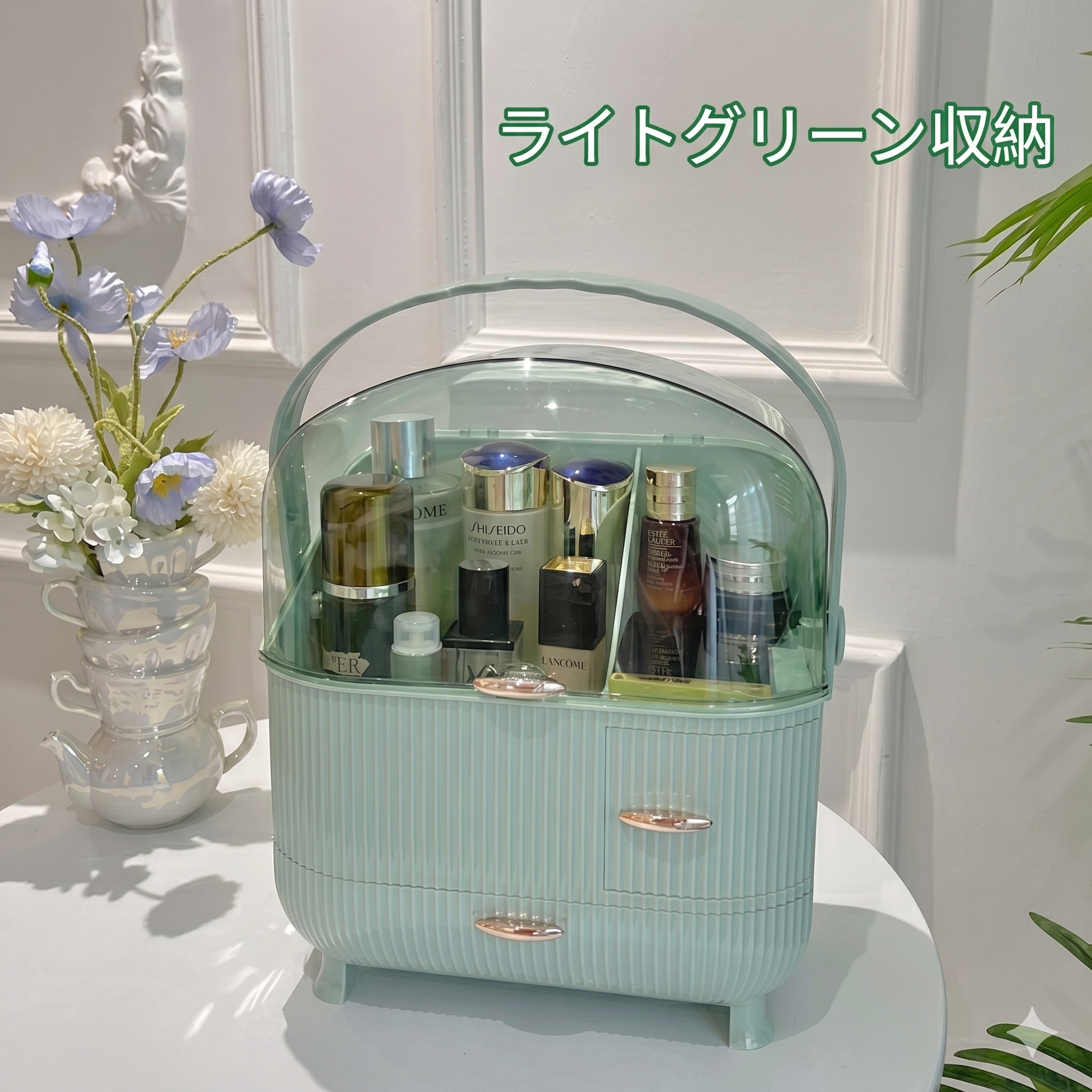 【送料無料】ライトラグジュアリー メイクボックス｜透明カバー・大容量引き出し付き
